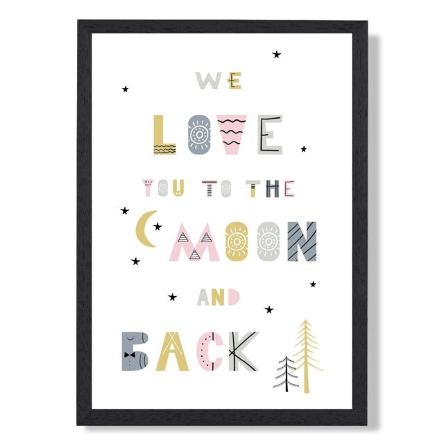 ARTZE Cute Love you to the Moon Pink Scandi Quote Framed Print SIZE: A4 with Black Frame - image 1