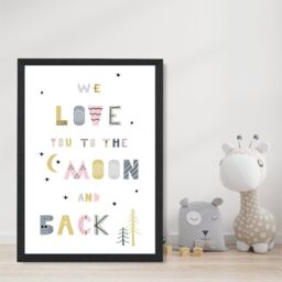 ARTZE Cute Love you to the Moon Pink Scandi Quote Framed Print SIZE: A4 with Black Frame - thumbnail 2