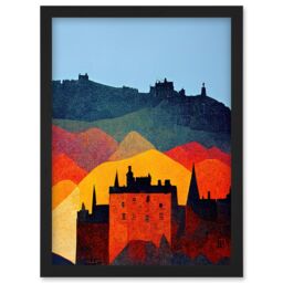 Artery8 Edinburgh in Autumn Scotland Scottish Modern Folk Art Multi Coloured Cityscape Artwork Framed Wall Art Print A4 in Black - thumbnail 1