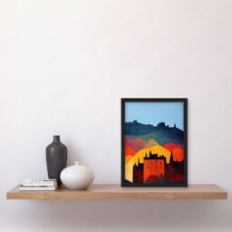 Artery8 Edinburgh in Autumn Scotland Scottish Modern Folk Art Multi Coloured Cityscape Artwork Framed Wall Art Print A4 in Black - thumbnail 2