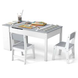 Costway 2-in-1 Kids Art Table & 2 Chairs Wooden Easel Table Set w/ Chairs in Grey - thumbnail 4
