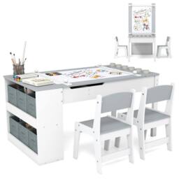 Costway 2-in-1 Kids Art Table & 2 Chairs Wooden Easel Table Set w/ Chairs in Grey