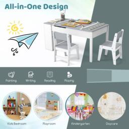 Costway 2-in-1 Kids Art Table & 2 Chairs Wooden Easel Table Set w/ Chairs in Grey - thumbnail 8