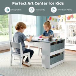Costway 2-in-1 Kids Art Table & 2 Chairs Wooden Easel Table Set w/ Chairs in Grey - thumbnail 3