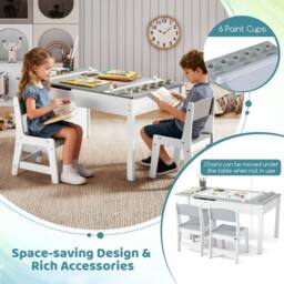 Costway 2-in-1 Kids Art Table & 2 Chairs Wooden Easel Table Set w/ Chairs in Grey - thumbnail 9
