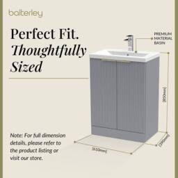Balterley Fluted Front 2 Soft Close Door Vanity Basin Unit, Satin Grey, 600mm in Grey - thumbnail 5