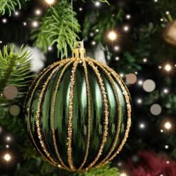 Melody Maison Set Of 2 Green Glitter Striped Reeded Hanging Baubles - 8cm - thumbnail 4