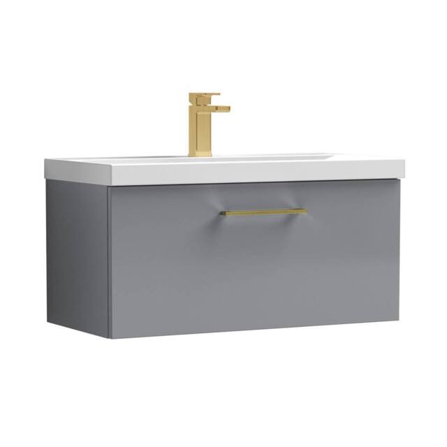 Balterley 800mm Wall Hung 1 Drawer Vanity Basin Unit, Satin Grey, Brass Handle in Grey - image 1