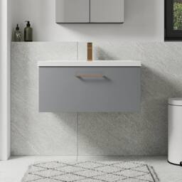 Balterley 800mm Wall Hung 1 Drawer Vanity Basin Unit, Satin Grey, Brass Handle in Grey - thumbnail 2