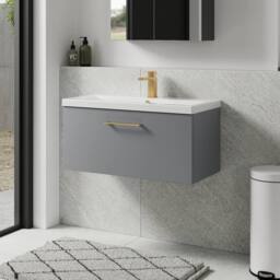 Balterley 800mm Wall Hung 1 Drawer Vanity Basin Unit, Satin Grey, Brass Handle in Grey - thumbnail 4