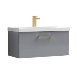 Balterley 800mm Wall Hung 1 Drawer Vanity Basin Unit, Satin Grey, Brass Handle in Grey - thumbnail 1