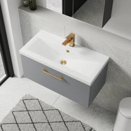 Balterley 800mm Wall Hung 1 Drawer Vanity Basin Unit, Satin Grey, Brass Handle in Grey - thumbnail 3