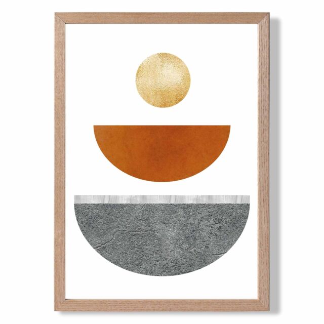 ARTZE Yellow & Orange Circles Mid Century Geometric Framed Print SIZE: A4 with Oak Frame - image 1