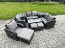 Fimous 10 PCS Rattan Garden Furniture Set Outdoor Patio Sofa, Table & Chairs Coffee Table 3 Footstools Ideal for Pool Side, Balcony, Outdoor Set - thumbnail 2