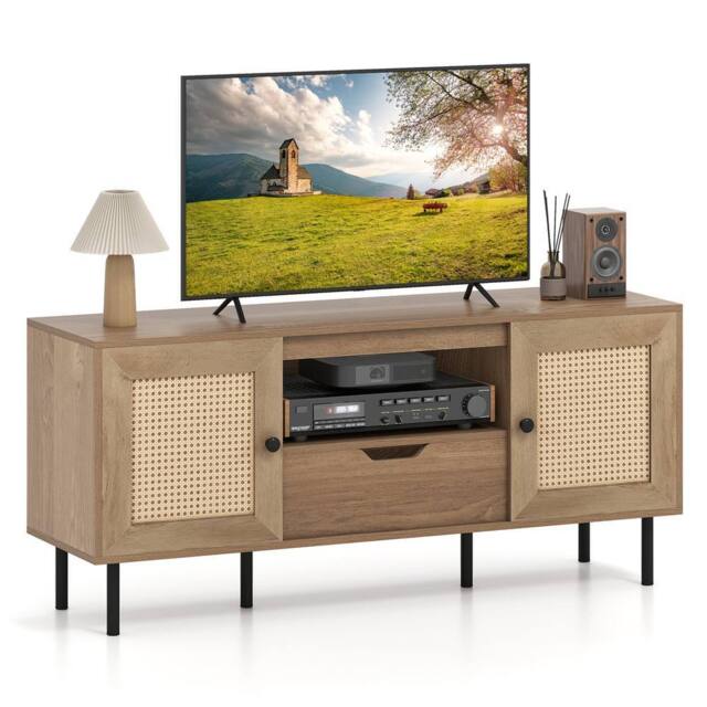 Gymax Boho TV Stand for up to 60 “ TV Entertainment Center With 2 Cabinets in Tan - image 1