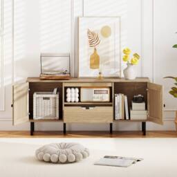 Gymax Boho TV Stand for up to 60 “ TV Entertainment Center With 2 Cabinets in Tan - thumbnail 5