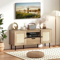 Gymax Boho TV Stand for up to 60 “ TV Entertainment Center With 2 Cabinets in Tan - thumbnail 4