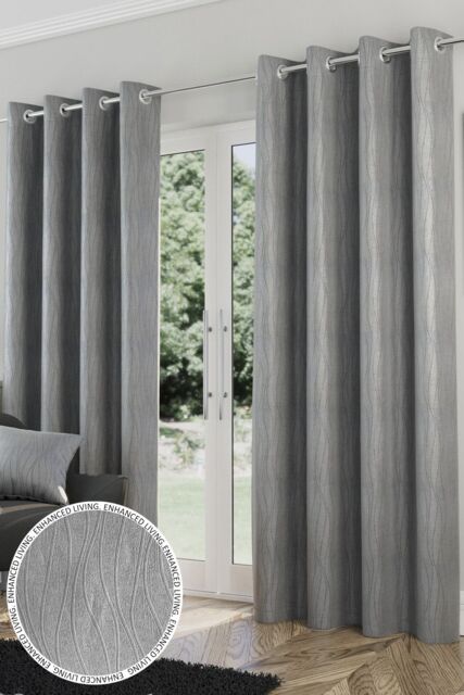 Enhanced Living 'Goodwood' Silver - Thermal, Energy Saving, Dimout Eyelet Pair of Curtains with Wave Pattern - Size: 229 cm width x 229 cm drop - image 1