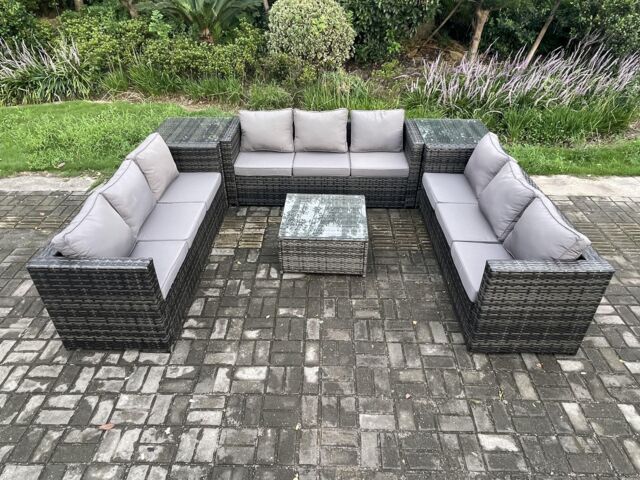 Fimous 9 Seater Rattan Garden Furniture Set Patio Outdoor Lounge Sofa Set with 2 Side Tables Square Coffee Table Dark Grey Mixed - image 1