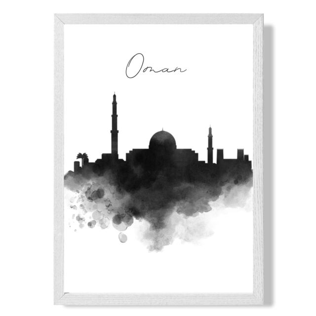 ARTZE Oman Watercolour Skyline City Framed Print SIZE: A2 with White Frame in Black - Size: A4 - image 1