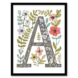 "Artery8 Women's Wall Art Print Letter A in Wildflowers Ornate Pencil Drawing Floral Word Art Framed - Size: W12"" x H16""" - thumbnail 1