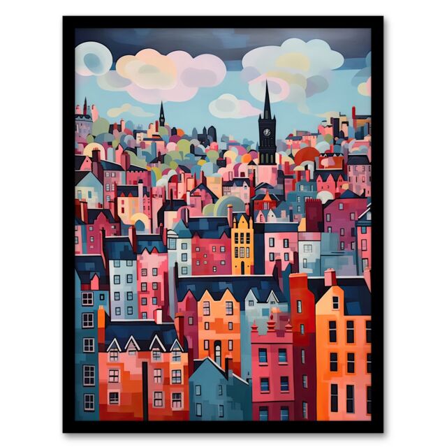 Artery8 Wall Art Print Edinburgh Cityscape Stylised Oil Painting Pink Blue Cloudy Scottish City Skyline Artwork Framed - Size: A4 - image 1