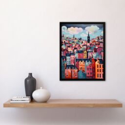 Artery8 Wall Art Print Edinburgh Cityscape Stylised Oil Painting Pink Blue Cloudy Scottish City Skyline Artwork Framed - Size: A4 - thumbnail 4