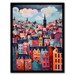 Artery8 Wall Art Print Edinburgh Cityscape Stylised Oil Painting Pink Blue Cloudy Scottish City Skyline Artwork Framed - Size: A4 - thumbnail 1