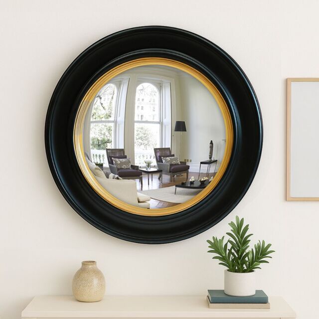 Agenzia 14 Large Round Black & Gold Convex Mirror - image 1
