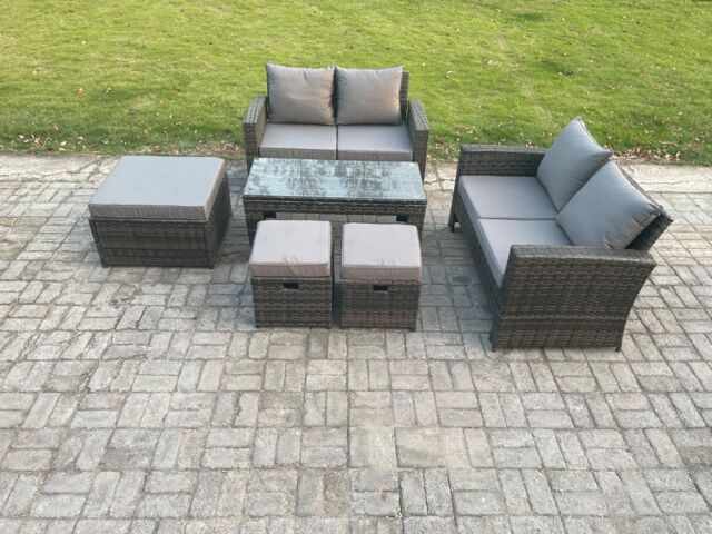 Fimous 7 Seater High Back Rattan Garden Furniture Sofa Sets with Rectangular Coffee Table 3 Footstools Loveseat Sofa Dark Grey Mixed - image 1