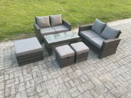 Fimous 7 Seater High Back Rattan Garden Furniture Sofa Sets with Rectangular Coffee Table 3 Footstools Loveseat Sofa Dark Grey Mixed - thumbnail 2