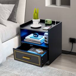 Costway LED Nightstand Smart Bedside Table Cabinet Side End Table Storage Living Room in Black - thumbnail 4