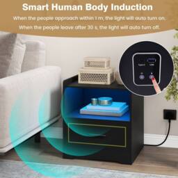 Costway LED Nightstand Smart Bedside Table Cabinet Side End Table Storage Living Room in Black - thumbnail 9