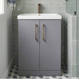 Balterley Modern Bathroom 2 Soft Close Door Vanity Unit Basin, Satin Grey, 600mm in Grey - thumbnail 6