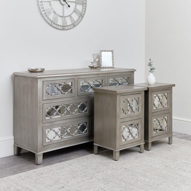 7 Drawer Mirrored Lattice Chest Of Drawers & Pair Of 2 Drawer Bedsides - Sabrina Silver Range - image 1
