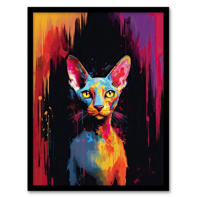 "Artery8 Wall Art Print Sphynx Cat Lover Gift Pet Portrait Colourful Artwork Painting Art Framed - Size: W12"" x H16""" - image 1
