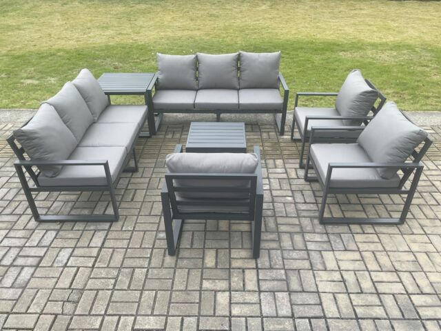 Fimous Aluminium Outdoor Garden Furniture Set Patio Lounge Sofa with Square Coffee Table 3 Armchairs Side Table Dark Grey - image 1