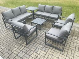 Fimous Aluminium Outdoor Garden Furniture Set Patio Lounge Sofa with Square Coffee Table 3 Armchairs Side Table Dark Grey - thumbnail 2