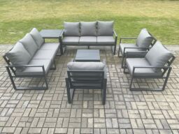 Fimous Aluminium Outdoor Garden Furniture Set Patio Lounge Sofa with Square Coffee Table 3 Armchairs Side Table Dark Grey - thumbnail 1