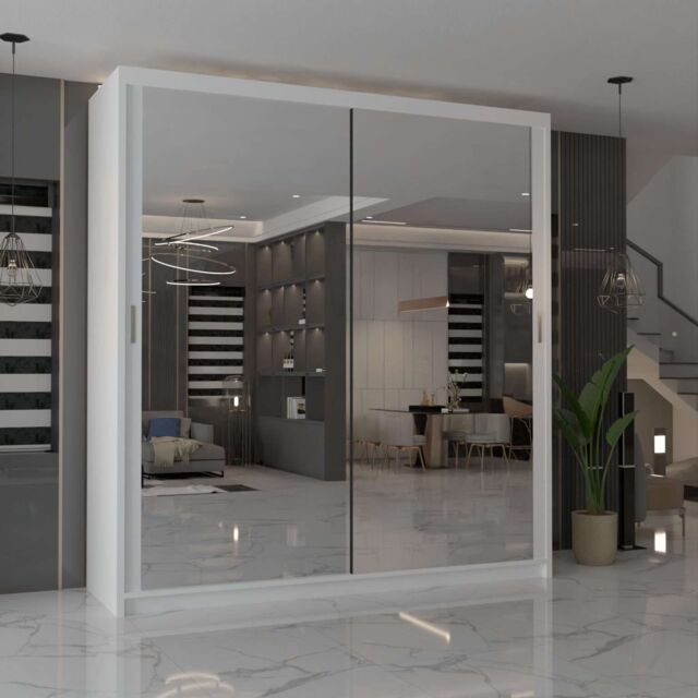 MN Furniture Cuba Sliding Mirror Wardrobe - LED Light 90cm x 200cm in White - Size: 90 cm x 200 cm - image 1