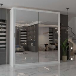 MN Furniture Cuba Sliding Mirror Wardrobe - LED Light 90cm x 200cm in White - Size: 90 cm x 200 cm