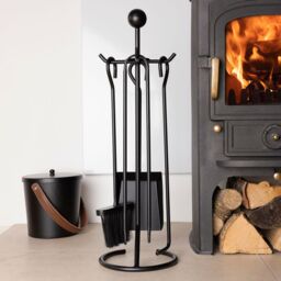 Charles Bentley Cedar Fireside Companion Set with Poker Tongs Coal Shovel Brush Tool Stand Iron in Black - thumbnail 1