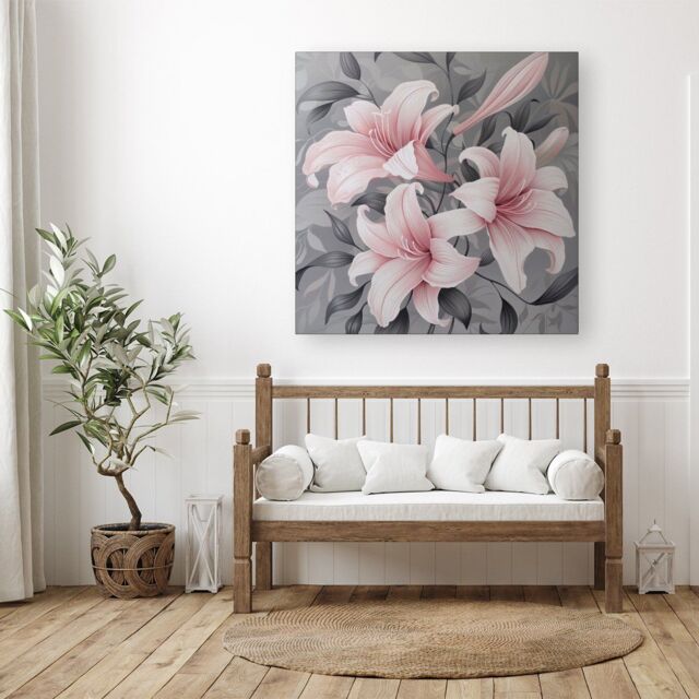 "Warren Reed - Designer Pink Lilies On Grey Canvas - Size: W30"" x H30""" - image 1