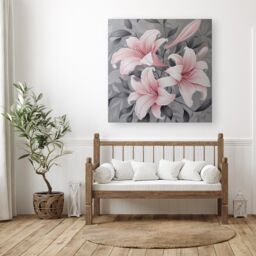"Warren Reed - Designer Pink Lilies On Grey Canvas - Size: W30"" x H30""" - thumbnail 1