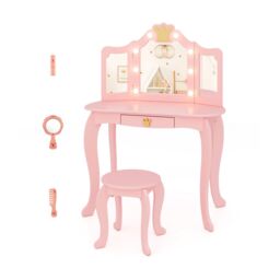 Gymax Kids Vanity Table & Chair Set With Tri-folding Mirror Adjustable Light in Pink