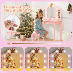 Gymax Kids Vanity Table & Chair Set With Tri-folding Mirror Adjustable Light in Pink - thumbnail 3