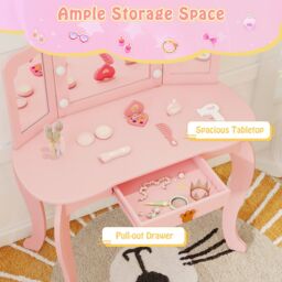 Gymax Kids Vanity Table & Chair Set With Tri-folding Mirror Adjustable Light in Pink - thumbnail 4