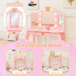 Gymax Kids Vanity Table & Chair Set With Tri-folding Mirror Adjustable Light in Pink - thumbnail 2