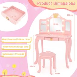Gymax Kids Vanity Table & Chair Set With Tri-folding Mirror Adjustable Light in Pink - thumbnail 5