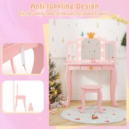 Gymax Kids Vanity Table & Chair Set With Tri-folding Mirror Adjustable Light in Pink - thumbnail 6